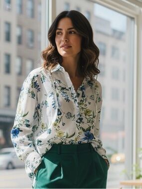 Zara White Floral Button-Down Blouse with Blue & Green Print